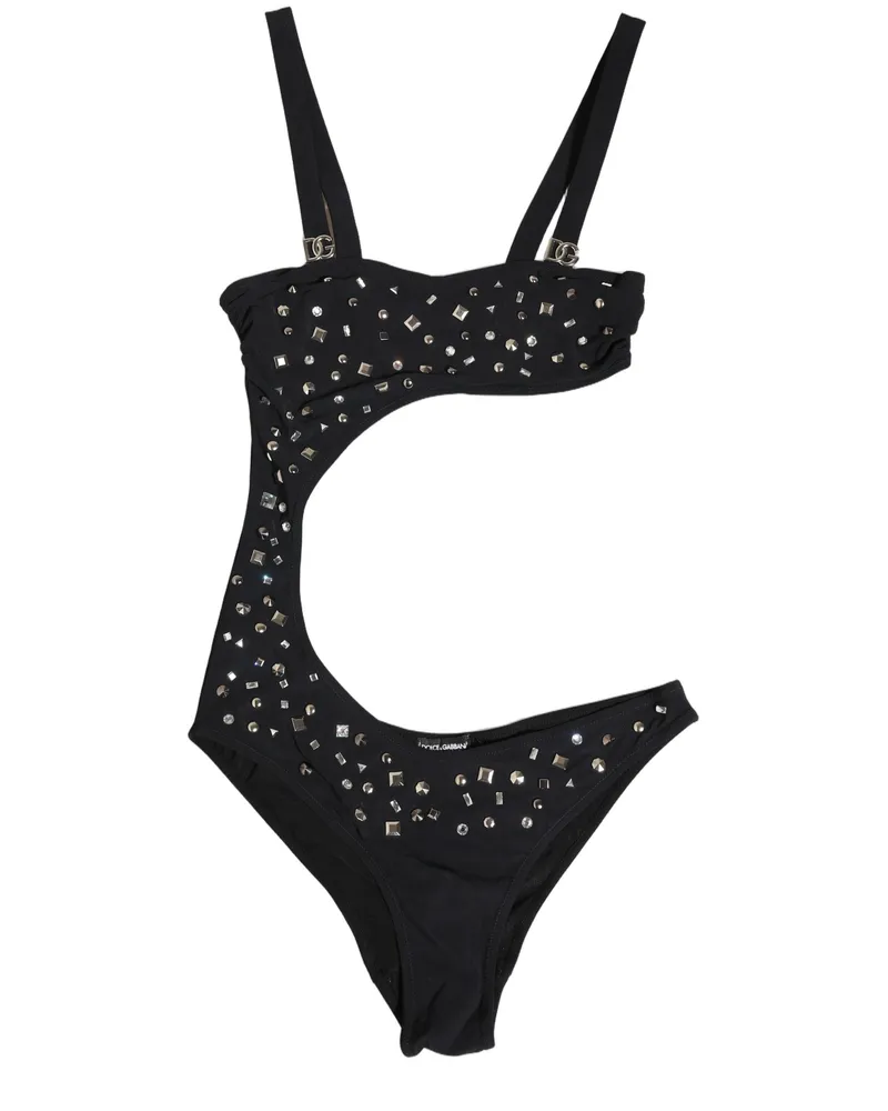 Dolce & Gabbana Women Black Embellished Cutout Bandeau One Piece Swimwear Elastane Nylon Clothing Black