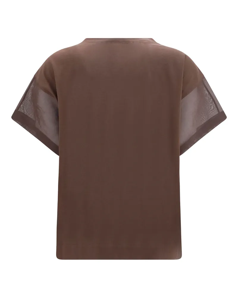 Brunello Cucinelli Women's Cotton T-Shirt With Sheer Sleeves And Side Panels Dark Brown T-Shirts Polos Brown