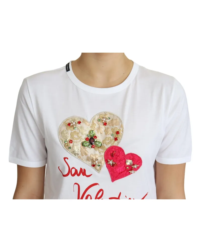 Dolce & Gabbana Women's White San Valentino Heart Crystals T-Shirt Top Cotton White