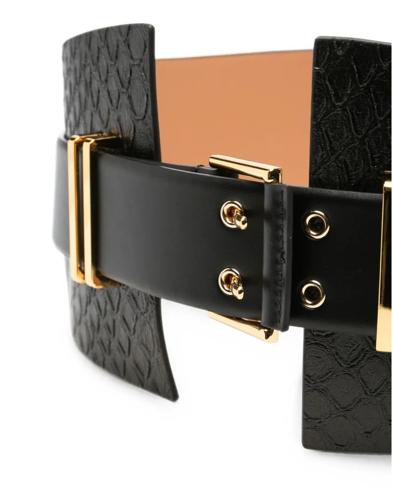 Elisabetta Franchi Snake-Effect Double-Buckle Belt — Black Black