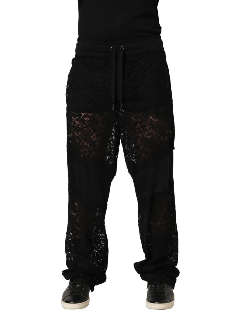 Dolce & Gabbana Black Lace Mid Waist Jogger Men Trouser Pants Nylon Viscose Polyester Black