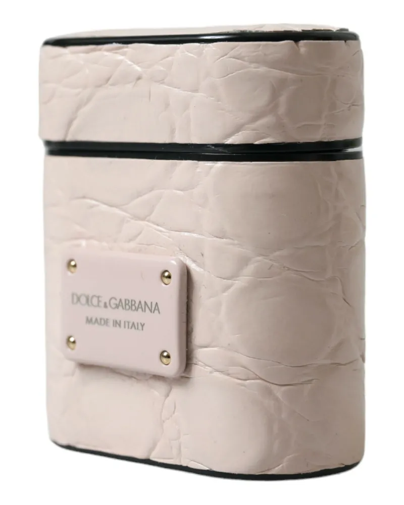 Dolce & Gabbana Women's Light Pink Calf Leather Metal Logo Plaque Airpods Case Accessory Pink