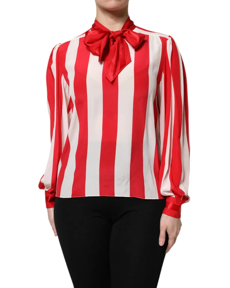 Dolce & Gabbana Women's Red White Stripes Ascot Collar Blouse Top And Silk Red
