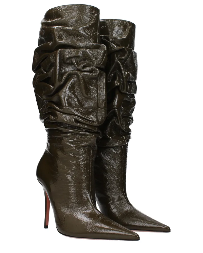 Amina Muaddi Women's Green Leather High Heel Boots Green