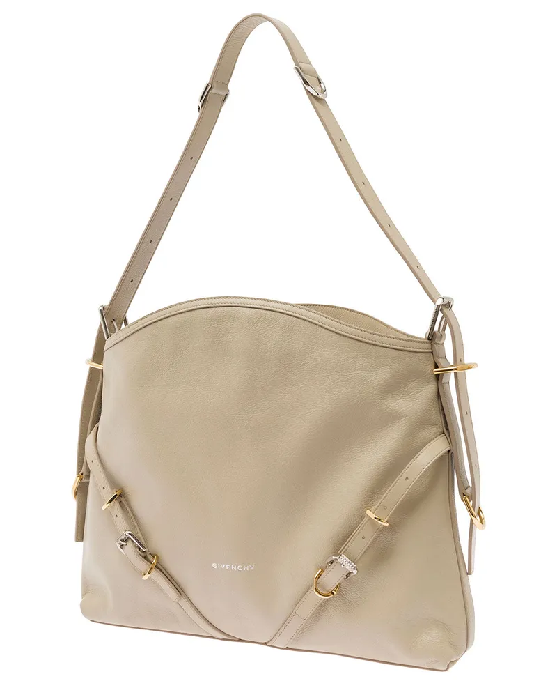 Givenchy Women's Voyou Beige Shoulder Bag With Embossed Logo Calf Leather Beige