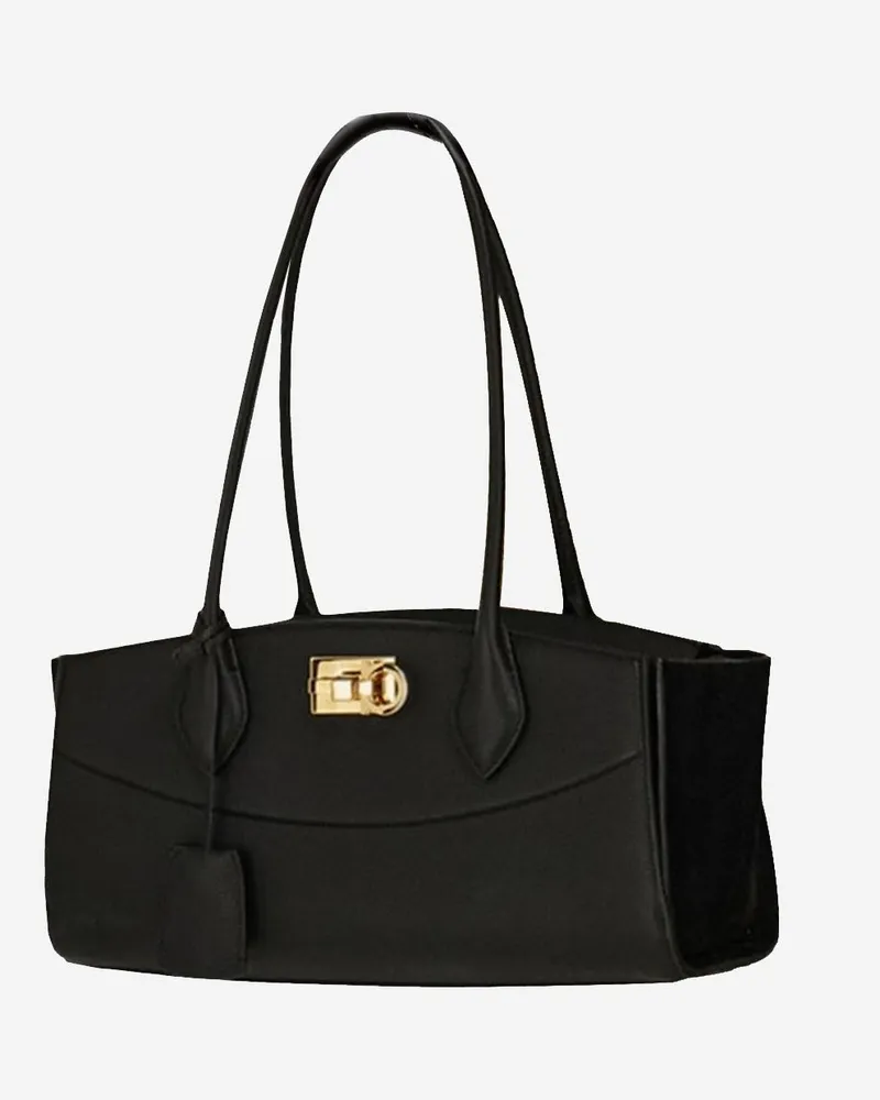 Ferragamo Women's Shoulder Bag East West Embossed Leather Black And Suede Black