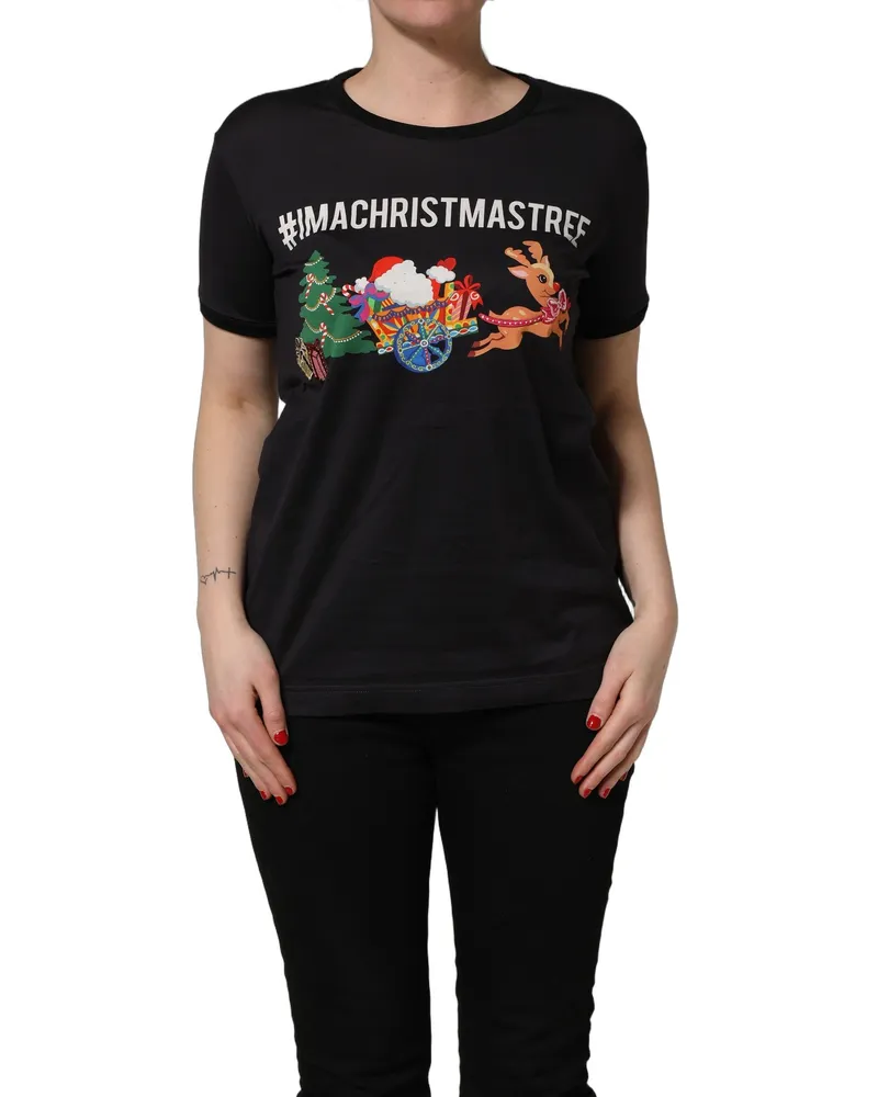Dolce & Gabbana Women's Black #iamachristmastree Print Cotton T-Shirt Black