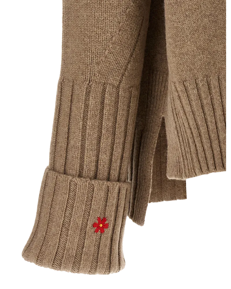 Tory Burch Wool Crew Neck with Red Floral Embroidery Sweater — Beige 