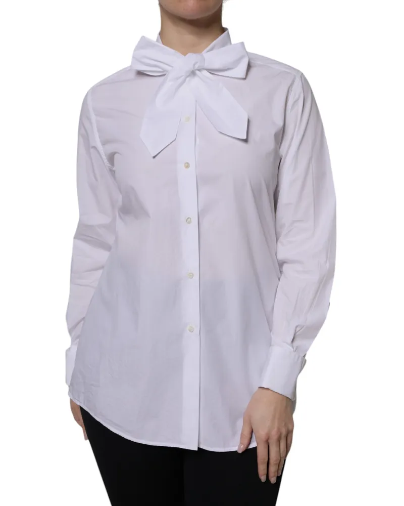 Dolce & Gabbana Women's White Ascot Collar Long Sleeve Blouse Top Cotton White
