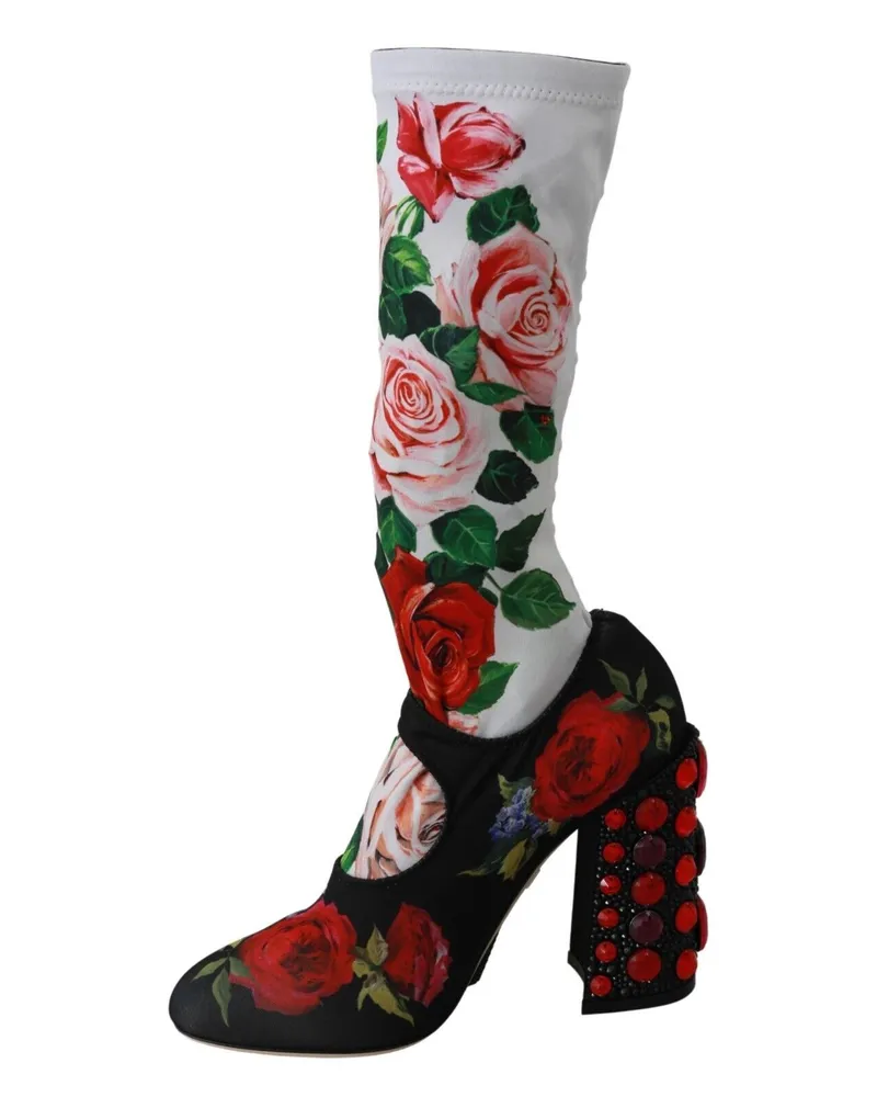 Dolce & Gabbana Women's Black Floral Socks Crystal Jersey Boots Shoes Nylon Polyester Elastane Black