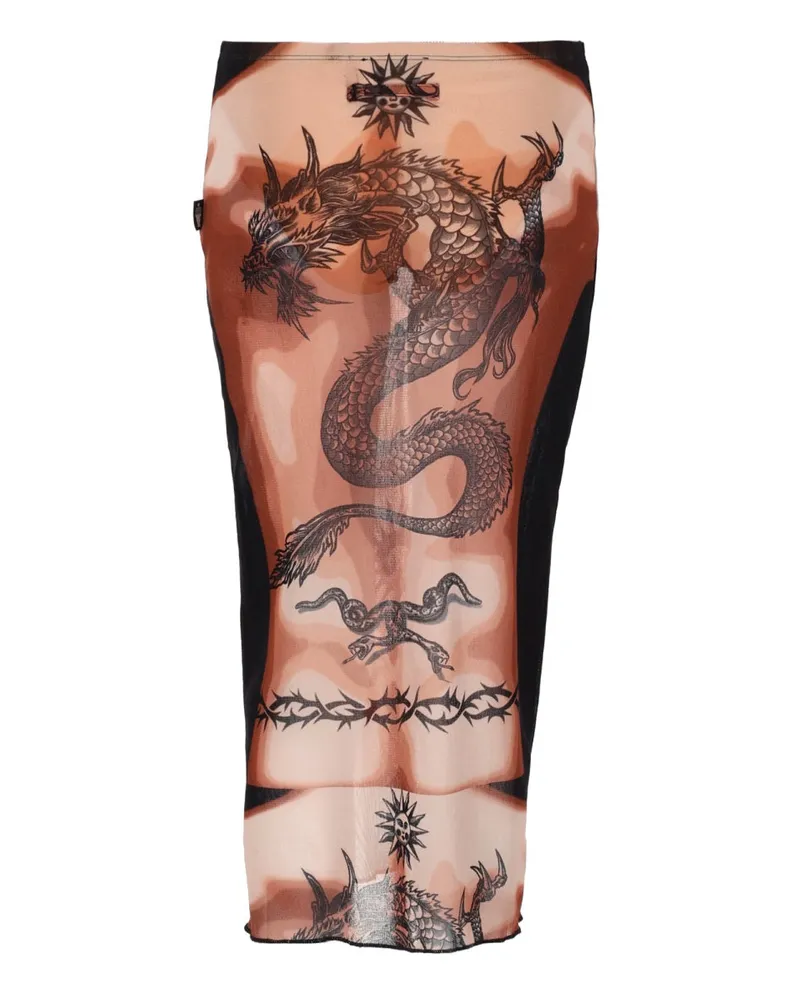 Jean Paul Gaultier Safe Sex Tattoo Print Midi Skirt — Multicolor Multicolor