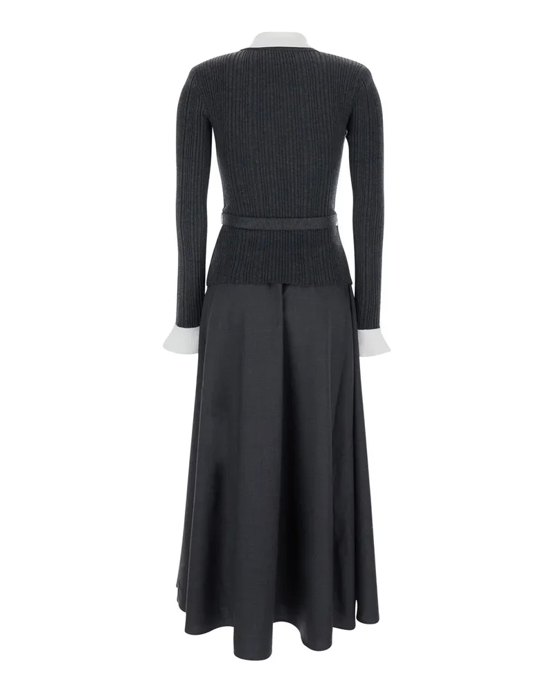 Self-Portrait Women's Long Dress With V-Neck Grey Tech Fabric And Cotton Gray