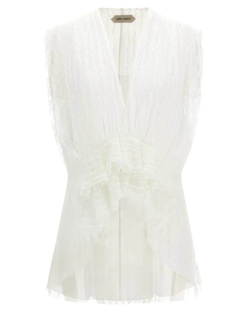 Alberta Ferretti Pleated Tulle with Asymmetrical Knot Tank Top — White White