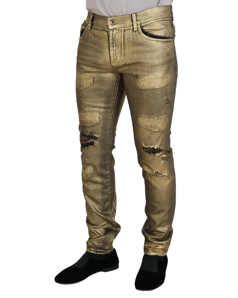 Dolce & Gabbana Gold Cotton Tattered Skinny Men Denim Jeans Elastane Clothing Gold