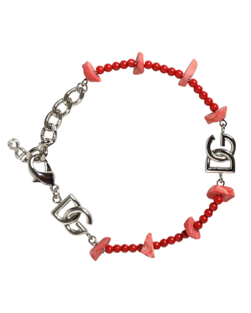 Dolce & Gabbana Women's Silver Tone Brass Beaded Resin Dg Logo Chain Bracelet Real Silver