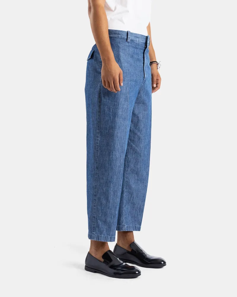 Jil Sander Men's Washed Indigo Cotton Chambray Wide-Leg Trousers 7-8 Central Crease Blue Jean Blue