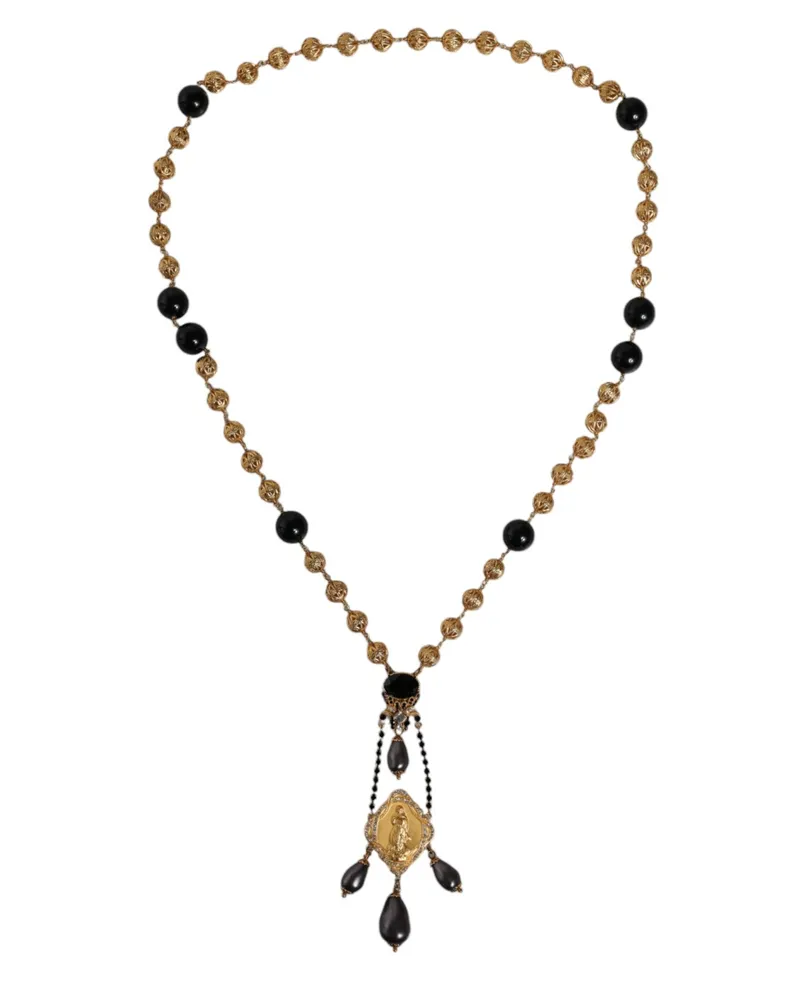 Dolce & Gabbana Women's Gold Chain Brass Black Beaded Rosary Style Necklace Gold