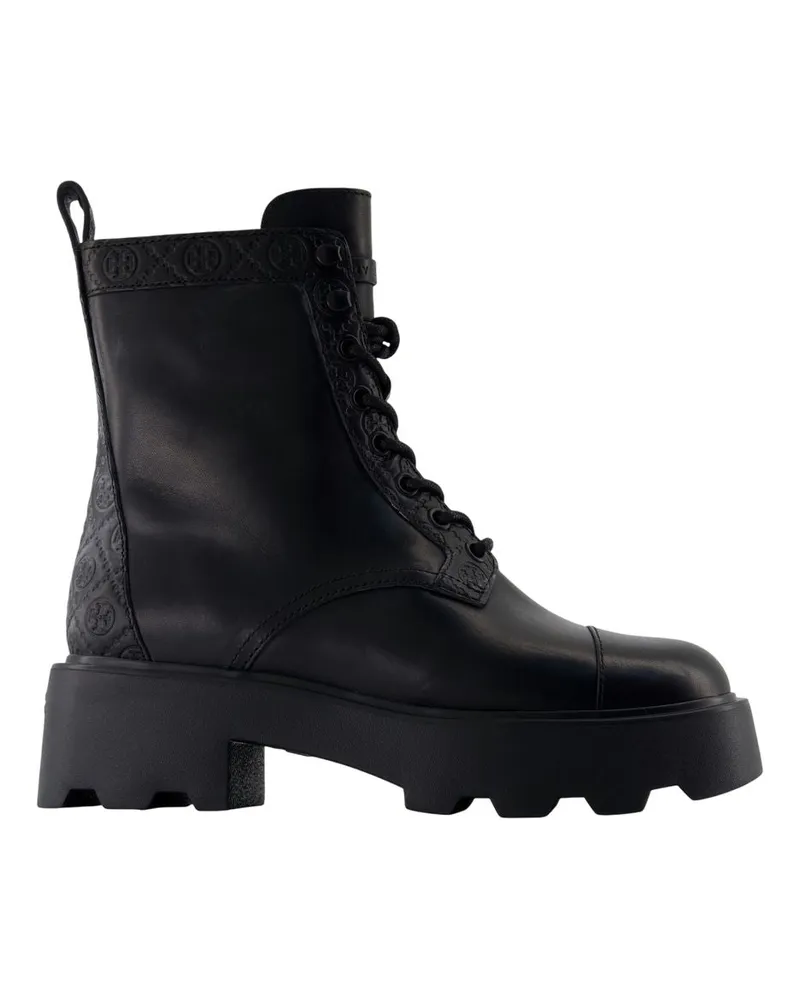 Tory Burch Women's Monogram-Embossed Lug Sole Ankle Boot Black Calfskin Black