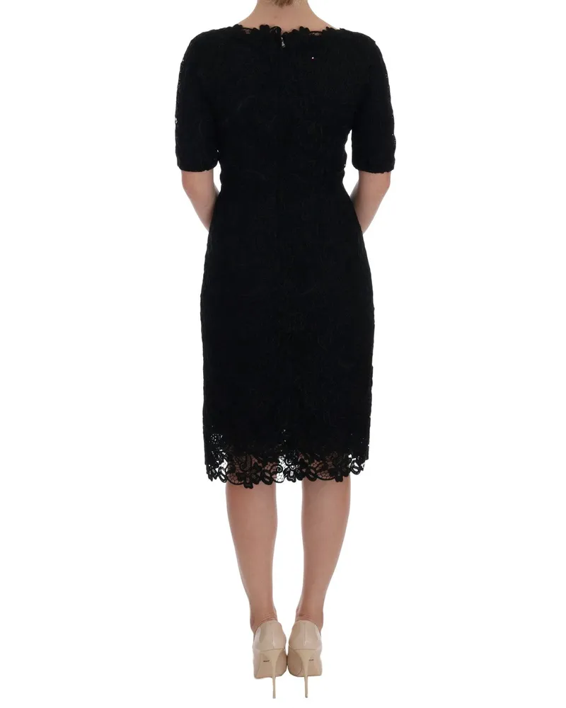 Dolce & Gabbana Women Black Floral Ricamo Sheath Dress Cotton Black
