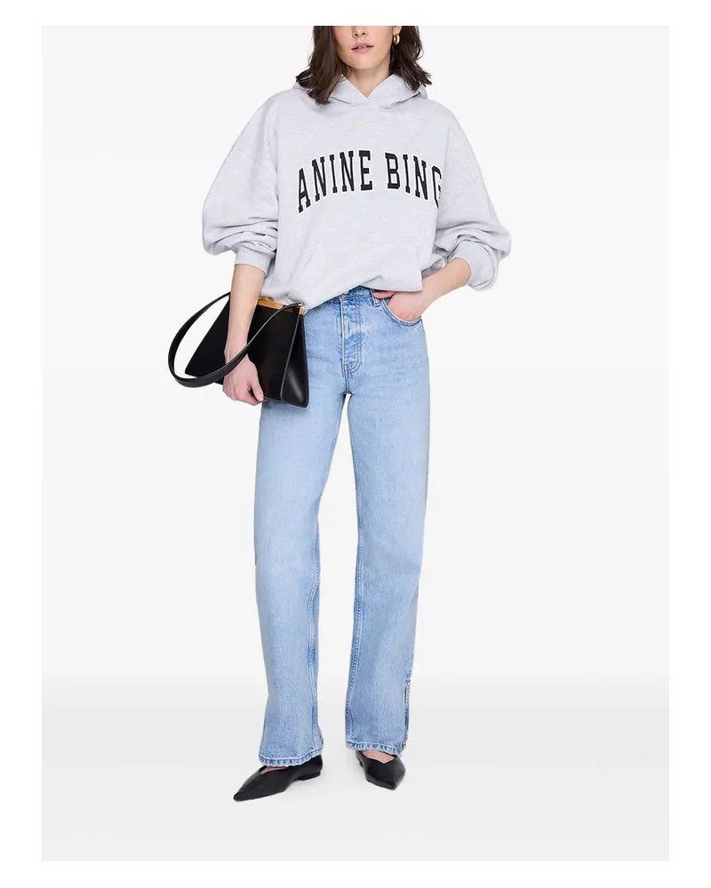 Anine Bing Logo-Embroidered Cotton Hoodie — Grey Grey
