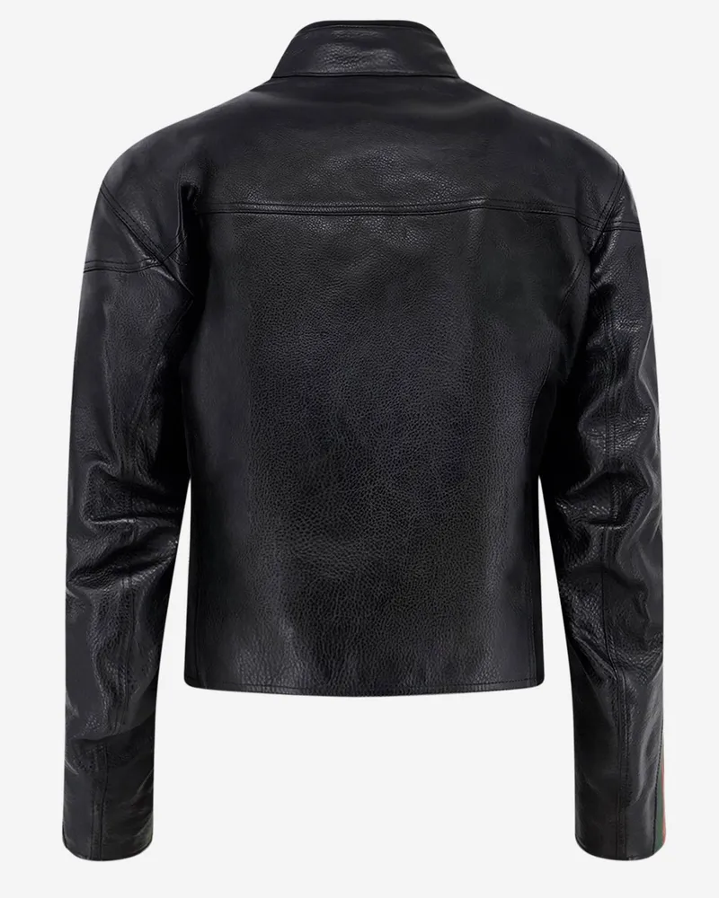 Gucci Men's Leather Bomber Jacket With Web Details Black Black