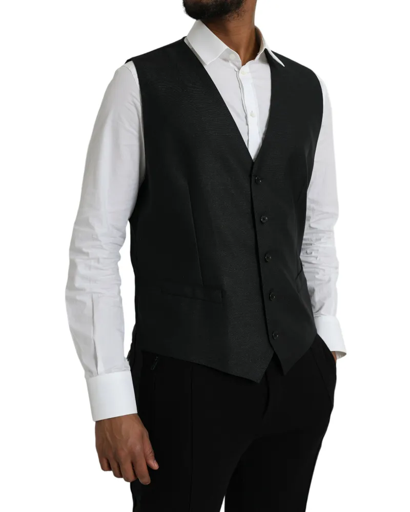 Dolce & Gabbana Men's Black Wool Waistcoat Dress Formal Vest Virgin Silk Black