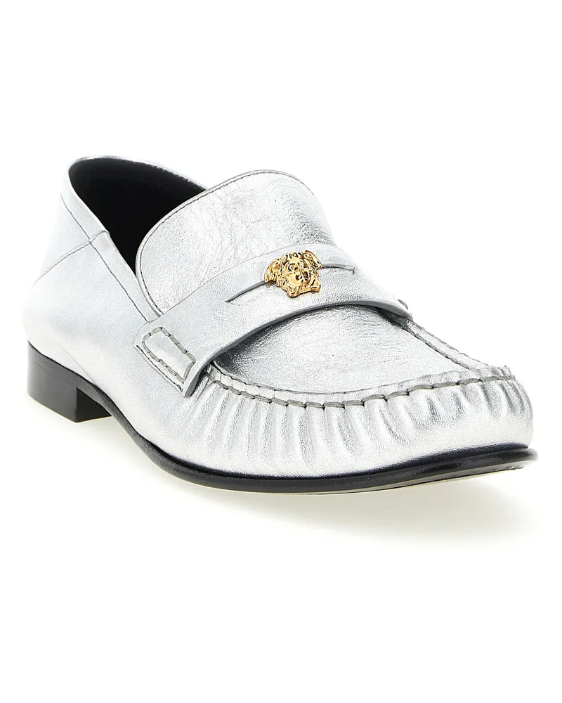 Versace La Medusa Metal-Embellished Laminated Nappa Loafer — Silver Silver