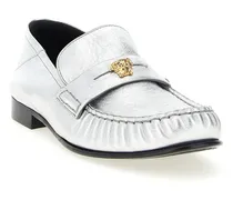 La Medusa Metal-Embellished Laminated Nappa Loafer — Silver