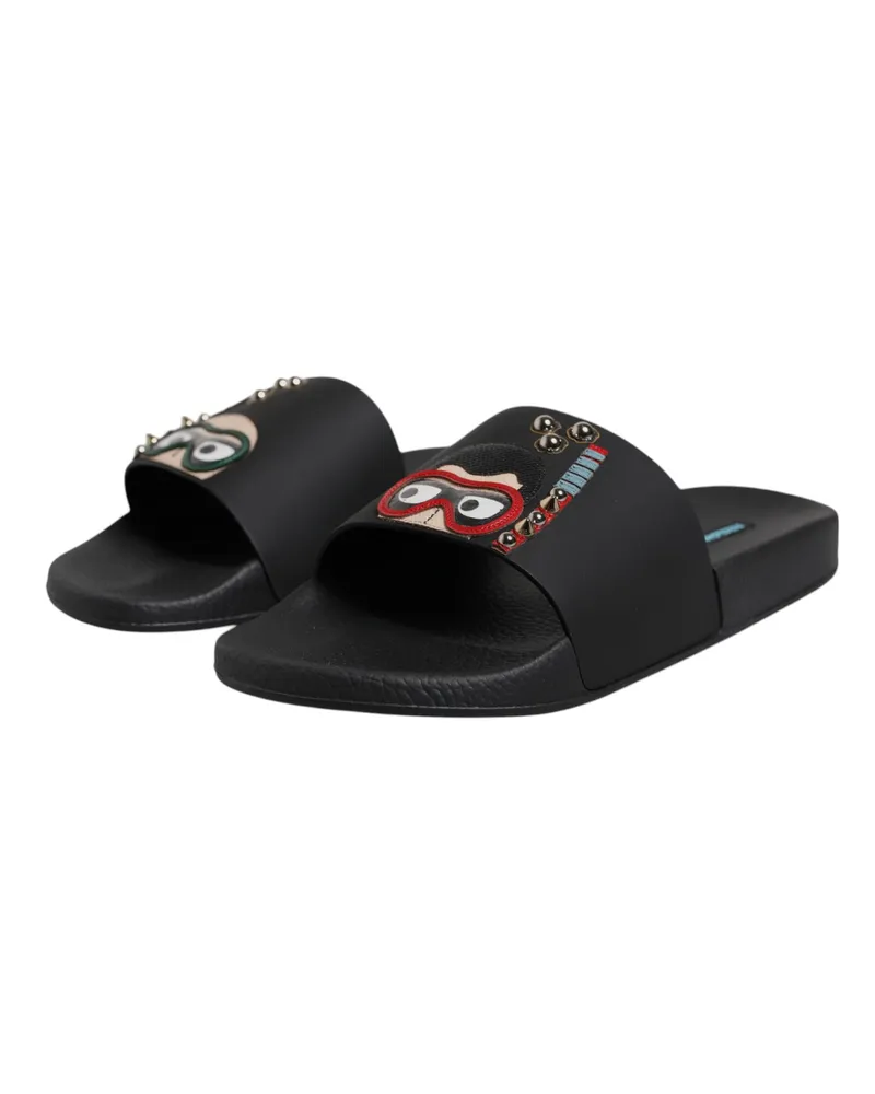 Dolce & Gabbana Men's Black Divers Leather Flats Slides Sandals Beachwear Shoes Calf Pu Polyester Black