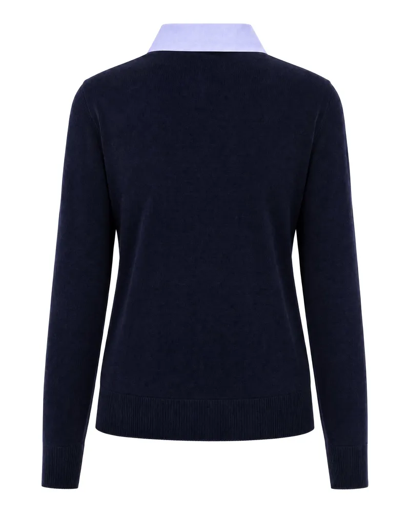 Liu Jo Wool-Blend Crewneck with Applied Shirt Collar Sweater — Navy Navy