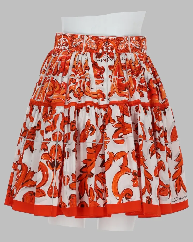 Dolce & Gabbana Maiolica-Print Cotton Poplin Skirt — Orange Orange