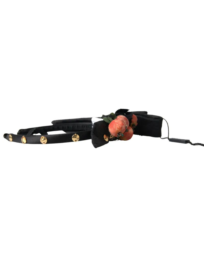 Dolce & Gabbana Women's Black With Multicolor Fig Fruit Crystal Tiara Diadem Headband Silk Accessory Black