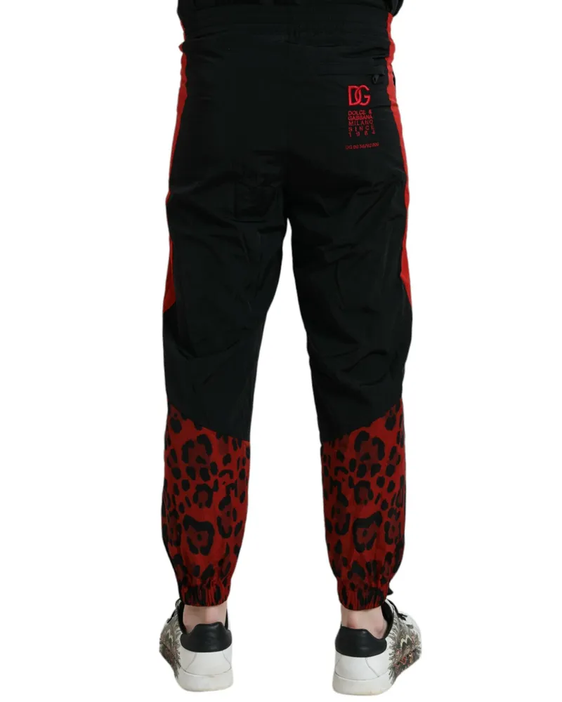 Dolce & Gabbana Men's Leopard Print Nylon Jogger Black And Red Black