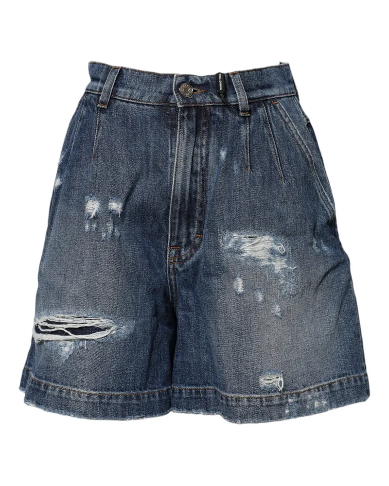 Dolce & Gabbana Women Blue Cotton Tattered Denim Bermuda Shorts Blue