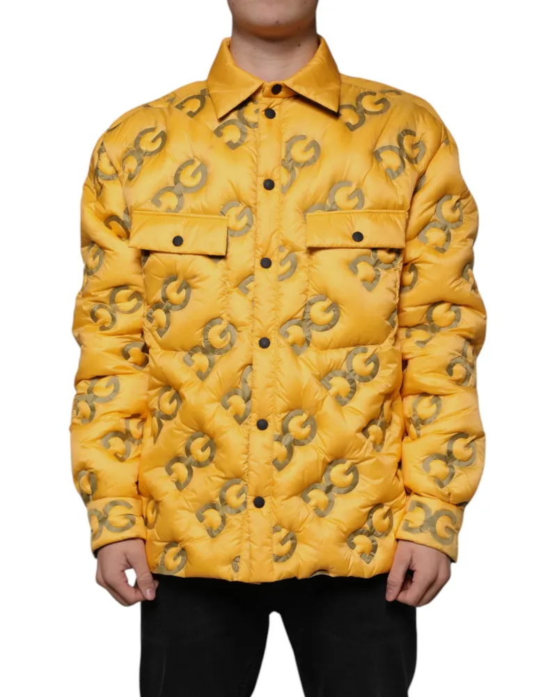 Dolce & Gabbana Men's Yellow Logo Padded Buttoned Blouson Jacket Nylon Clothing Yellow