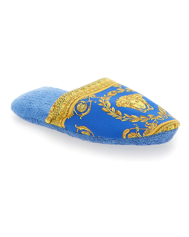 Versace Unisex Slippers With Baroque Print, Blue Fabric Flat Shoes Blue