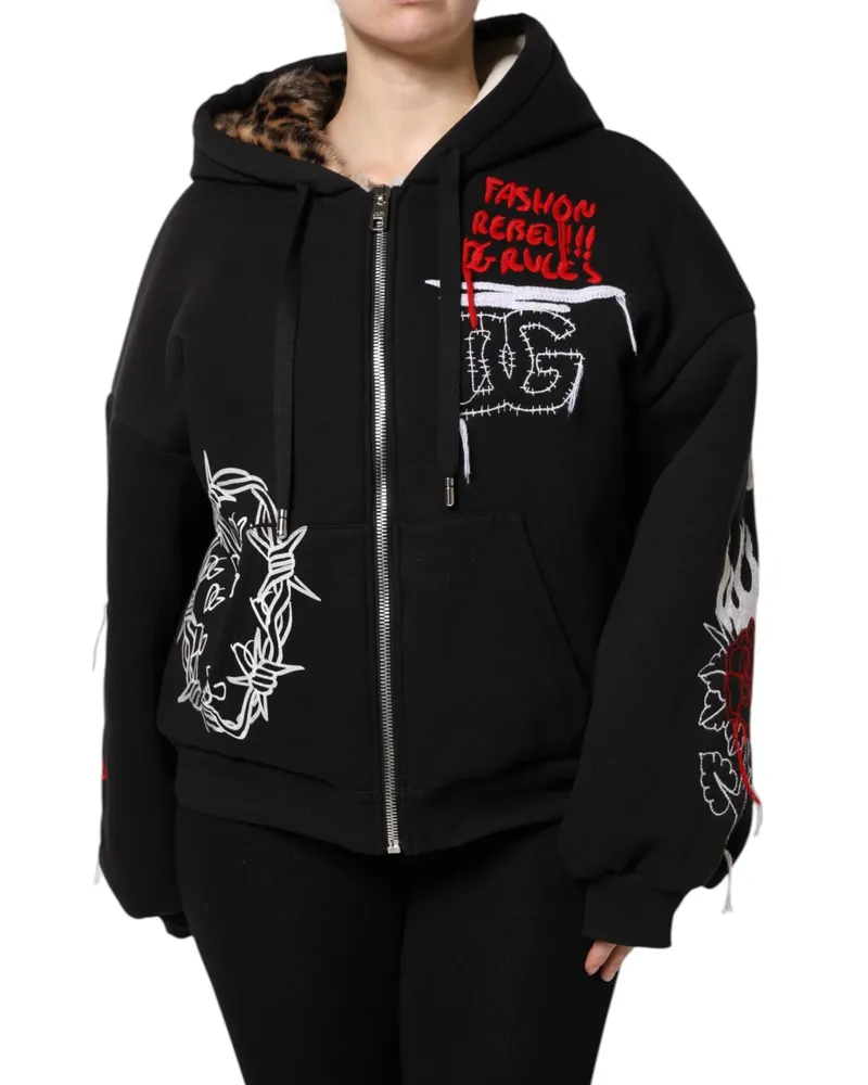 Dolce & Gabbana Women Black Embroidered Full Zip Hooded Jacket Cotton Clothing Black