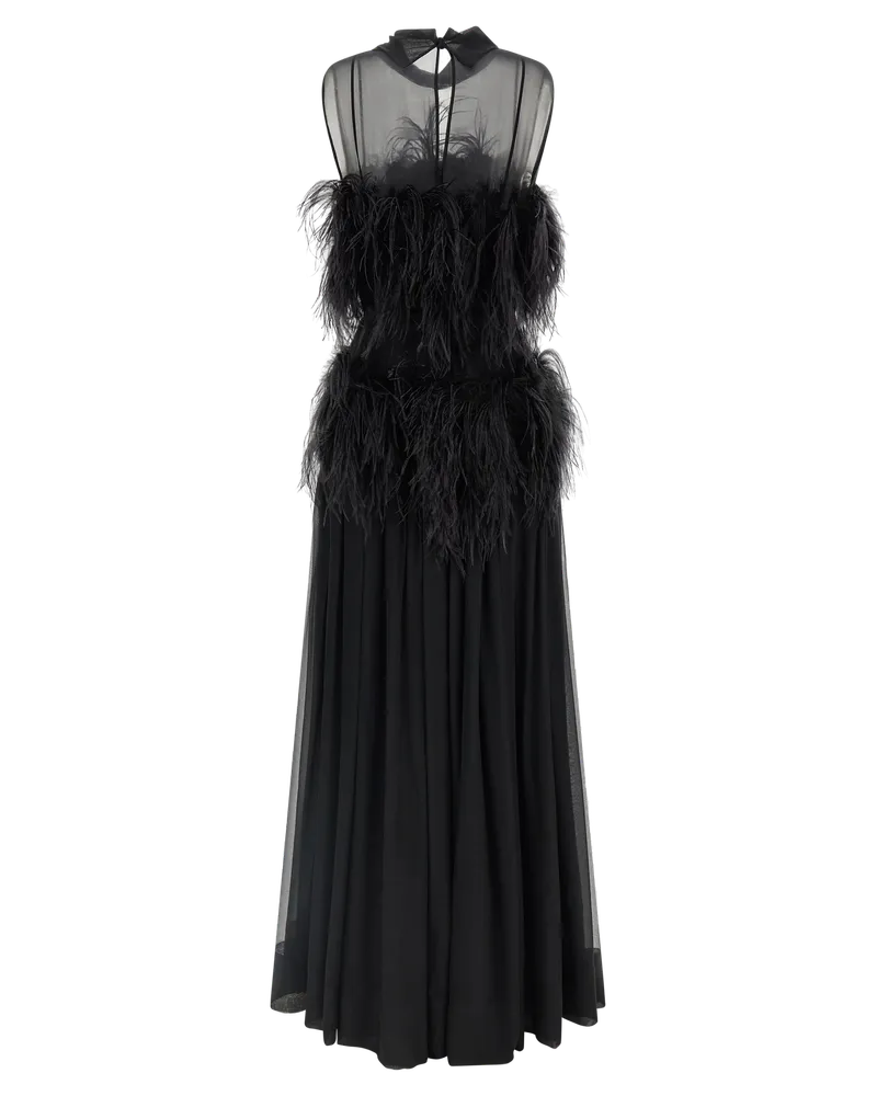 Alberta Ferretti Feather-Embellished Silk Chiffon Dress — Black Black