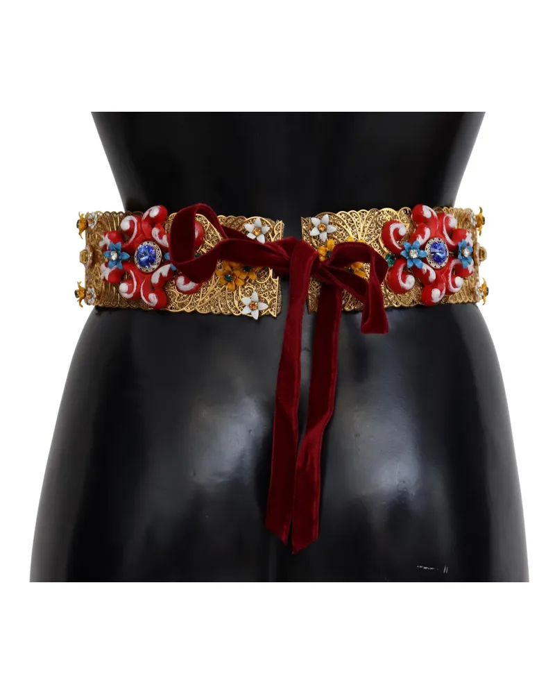Dolce & Gabbana Women's Embellished Floral Crystal Wide Waist Carretto Belt Gold Nylon Gold