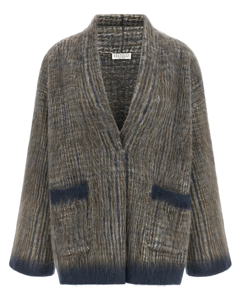 Brunello Cucinelli Prince of Wales Mohair-Wool Cardigan — Brown Brown