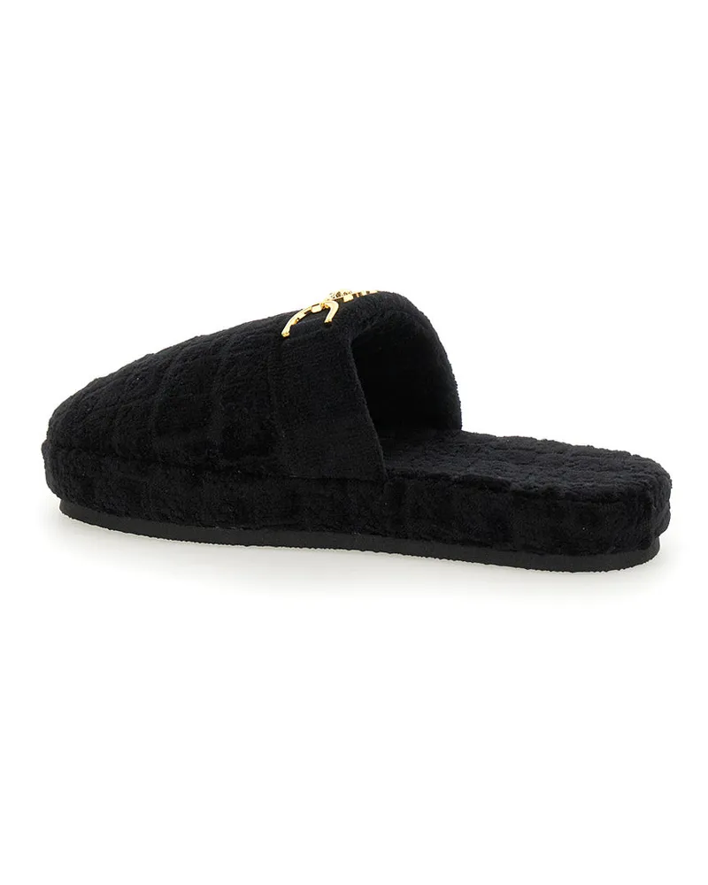 Versace Unisex Slippers With Fabric Logo Plate, Black Flat Shoes Black