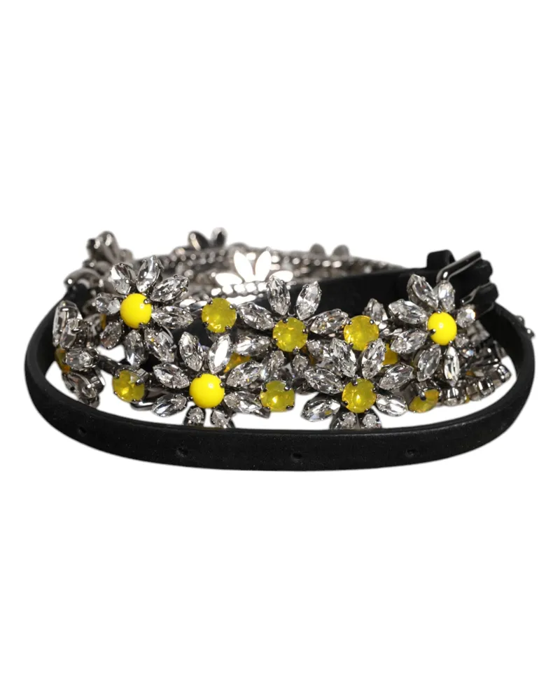 Dolce & Gabbana Women's Black Leather Daisy Crystal Embellish Waist Belt Black