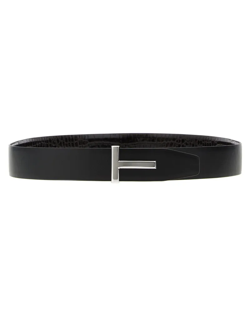 Tom Ford Reversible Crocodile-Print Leather Belt — Black Black