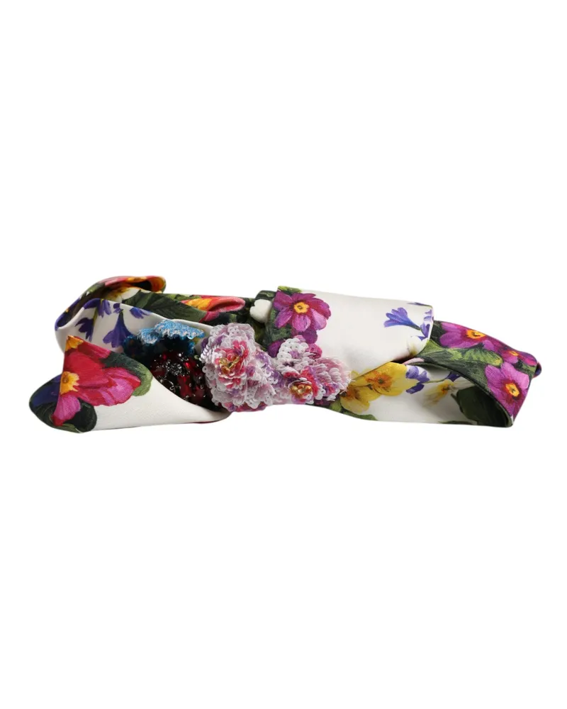 Dolce & Gabbana Women's White Multicolor Floral Silk Bow Crystal Embellished Headband Accessory White