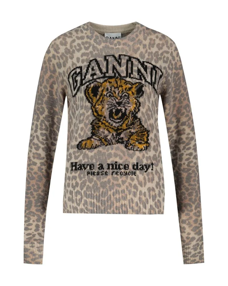 Ganni Women's Leopard-Print Wool Sweater Beige Sweatshirts Beige