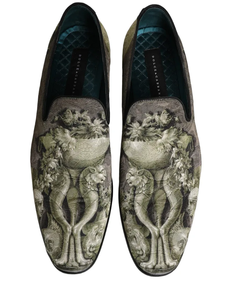 Dolce & Gabbana Men's Brown Baroque Print Slip On Loafers Shoes Leather Brown