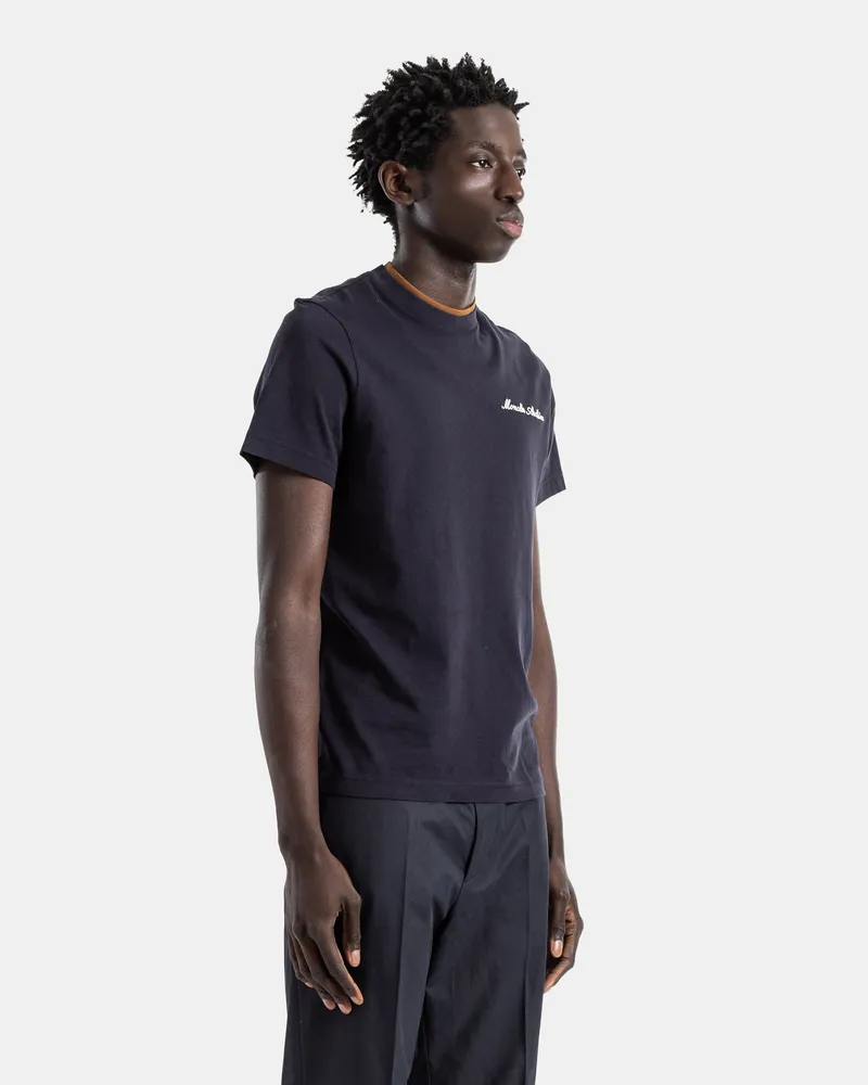 Moncler Men Archive Navy Cotton Jersey Script Embroidery T-Shirt Camel Collar Blue T-Shirts And Polos Navy