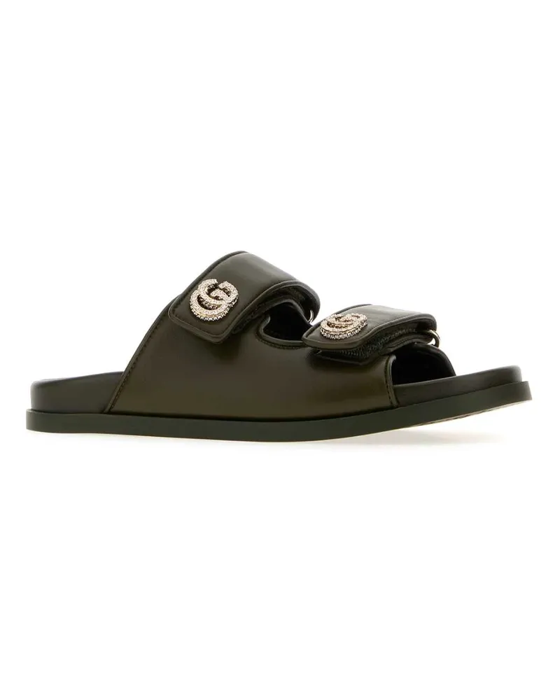 Gucci Women's Olive Green Leather Slippers Flat Shoes Green