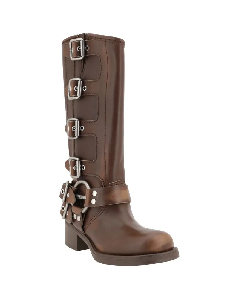Miu Miu Women's Brown Calf Leather Bos Taurus Lace-Up Boots Brown