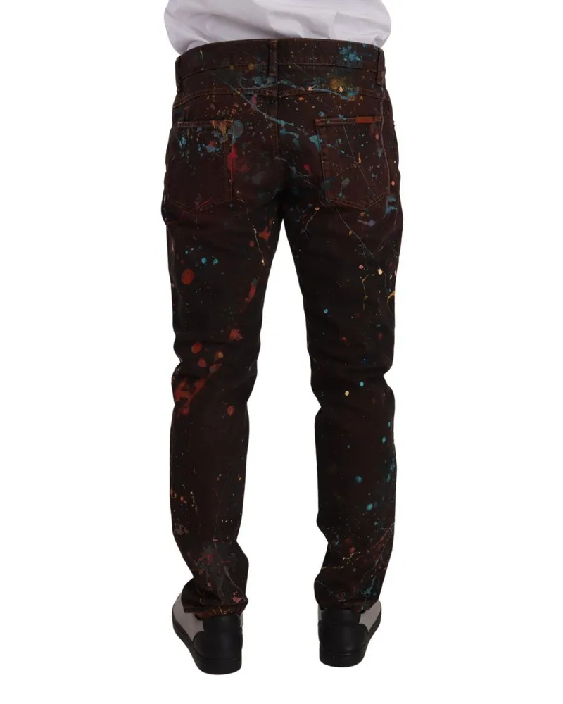 Dolce & Gabbana Men's Brown Splash Cotton Regular Denim Jeans Clothing Brown